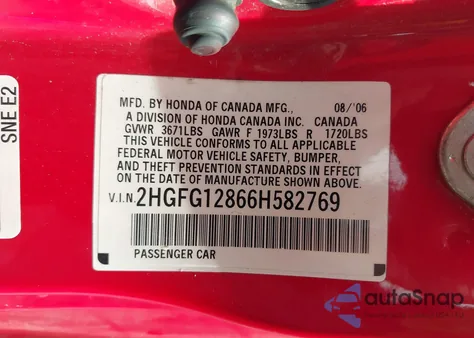 2006 Honda Civic Ex из США, поврежденный, VIN 2HGFG12866H582769